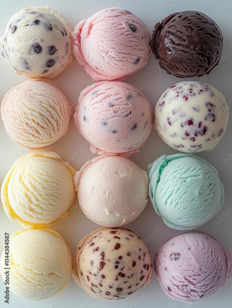 a lot of scoops of ice cream on a white table, a variety of flavors a lot of scoops of ice cream on a white table, a variety of flavors
