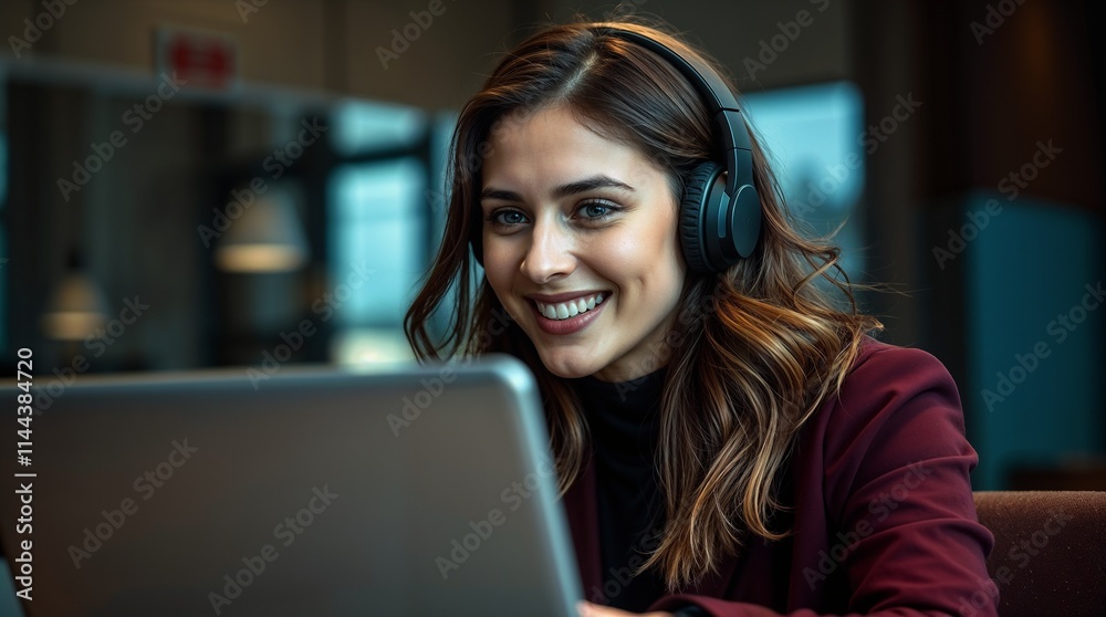 Smiling woman wear headphones talk video calling, using laptop, communicating with clients, watching webinar or video stream conference, remote work from home. Distance education Smiling woman wear headphones talk video calling, using laptop, communicating with clients, watching webinar or video stream conference, remote work from home. Distance education