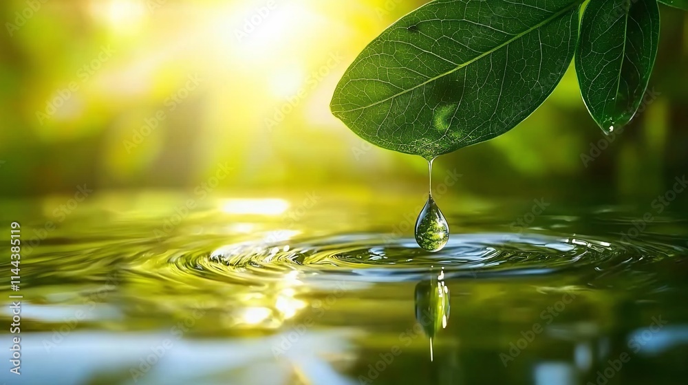 Water drop falling from leaf onto calm water. Water drop falling from leaf onto calm water.