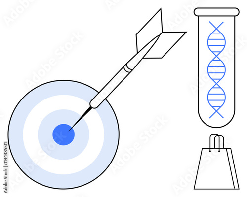 Arrow hitting bullseye symbolizes precision, test tube with DNA helix signifies genetics, shopping bag represents commerce. Ideal for biotechnology, pharmaceuticals, genetic research, accuracy