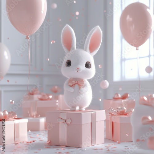 Cute bunny character surrounded by pastel gifts and balloons creating a festi...