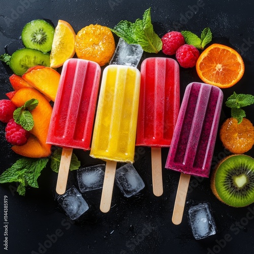 Colorful assortment of fruit-flavored popsicles arranged on a dark surface with fresh fruits and mint leaves for photo