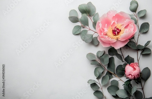 Beautiful pink peonies and eucalyptus leaves elegantly arranged on a light background, perfect for decoration or photo