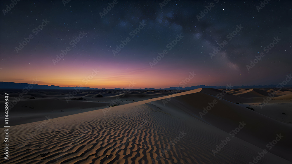 A vast desert landscape at twilight, with large, golden sand dunes stretching into the horizon. The sky is a gradient of purple and blue, and the first stars begin to appear. A vast desert landscape at twilight, with large, golden sand dunes stretching into the horizon. The sky is a gradient of purple and blue, and the first stars begin to appear.