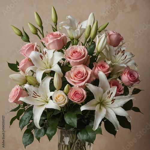 A timeless bouquet of pink roses and white lilies against a classic beige background.