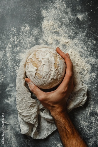 Homemade bread dough being shaped by hands on a floured countertop in a cozy ...