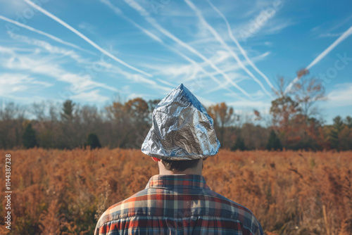 Chemtrail conspiracy theory concept with back view of person with tinfoil hat looking at blue sky with condensation trails photo