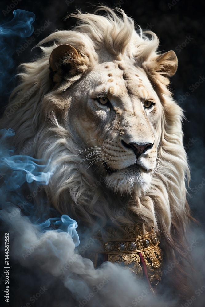 Fototapeta premium Close-up of a White Lion Majestically Standing in Smoke, with White Highlights