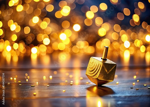 A golden dreidel spins, blurred lights twinkling, capturing the festive Hanukkah spirit. photo