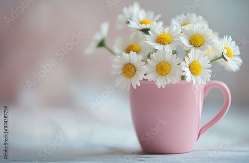 Fresh white daisies in a pink cup bring a touch of spring charm to a serene i...