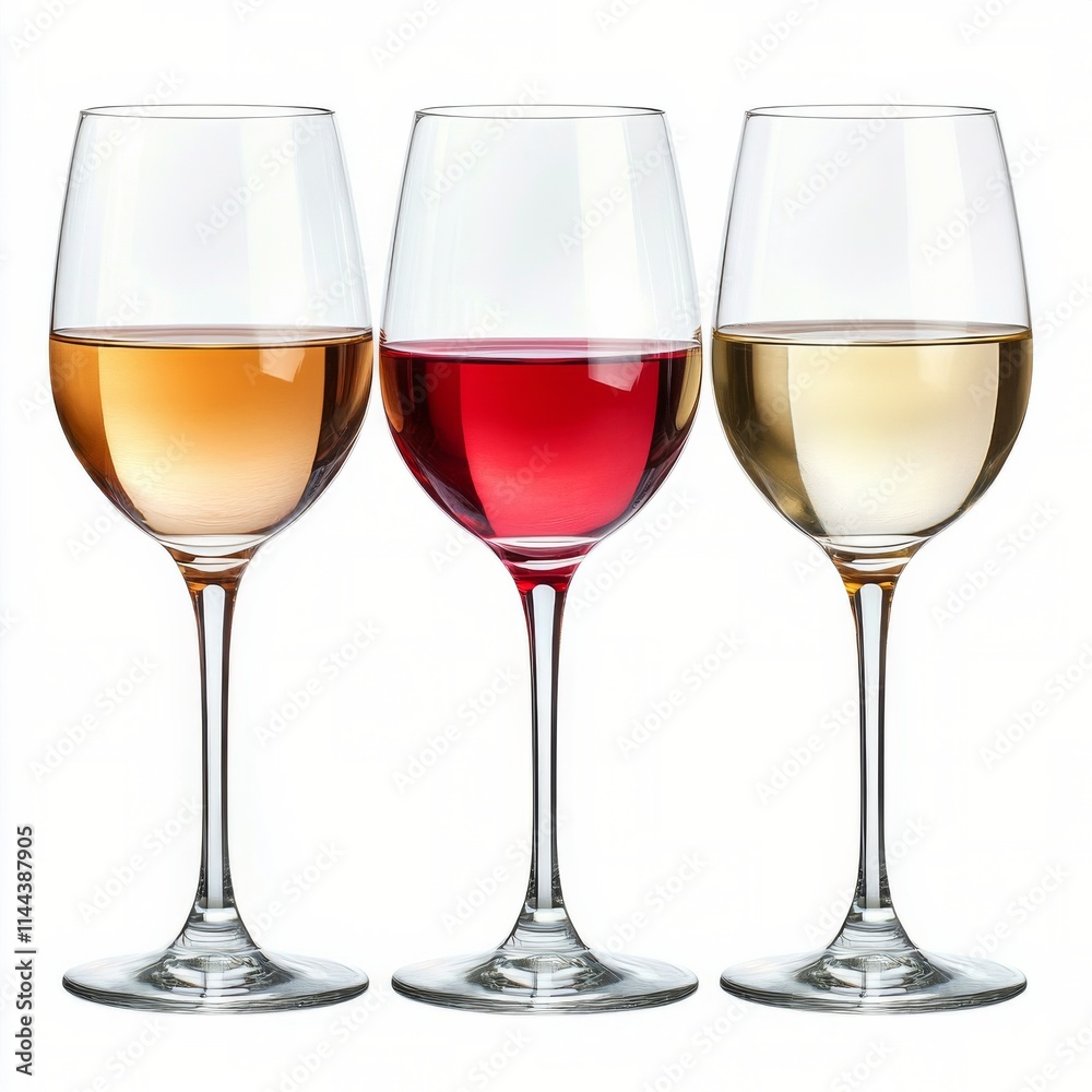 Three glasses of wine showcasing white, ros, and red varieties arranged elegantly on a table Three glasses of wine showcasing white, ros, and red varieties arranged elegantly on a table