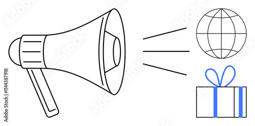 Megaphone amplifying sound towards a globe and a wrapped gift box. Ideal for marketing, global outreach, advertising, promotions, giveaways, announcements, communication campaigns. Line metaphor