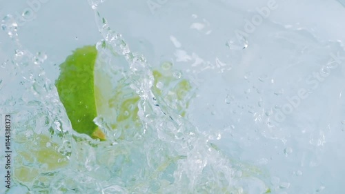 Fresh lime slices and ice cubes splashing into water in slow motion 300fps