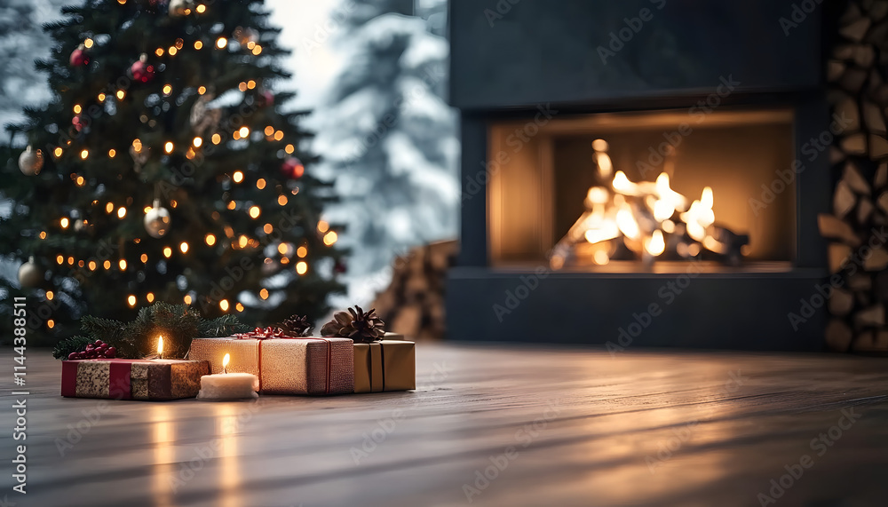 Holiday able with christmas tree and fireplace with copy space Holiday able with christmas tree and fireplace with copy space