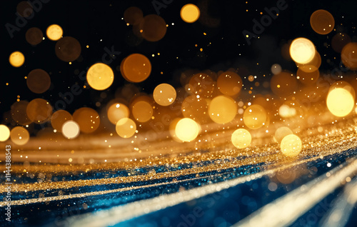 a vibrant, abstract scene with a mix of blue and gold glittering patterns against a dark background, creating a festive and celebratory atmosphere.