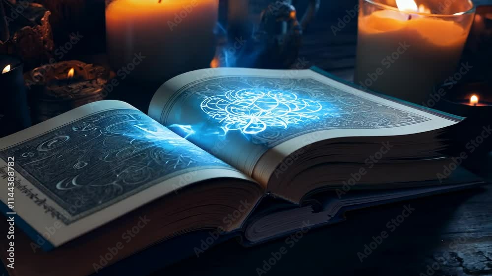 Open spell book with glowing pages. An open spell book with glowing pages reveals the enchanting world of magic, inviting all to learn its secrets.