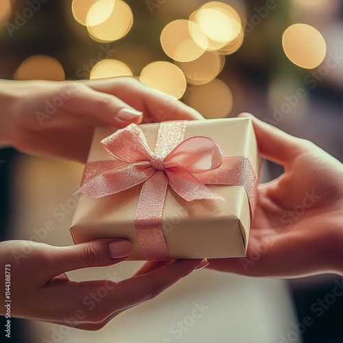 Delicate gift exchange during festive celebration with soft bokeh lights crea...