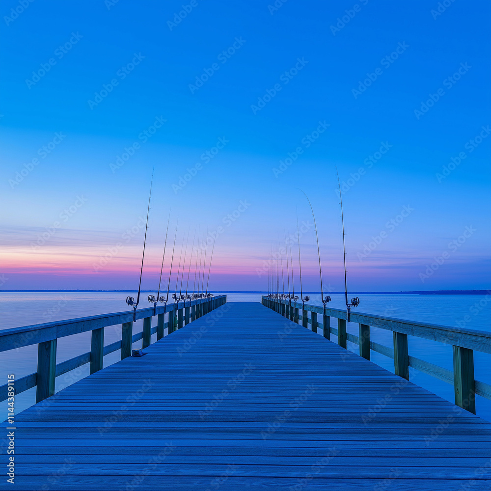 Fototapeta premium Evening Relaxation: Sunset-Lit Pier with Fishing Rods