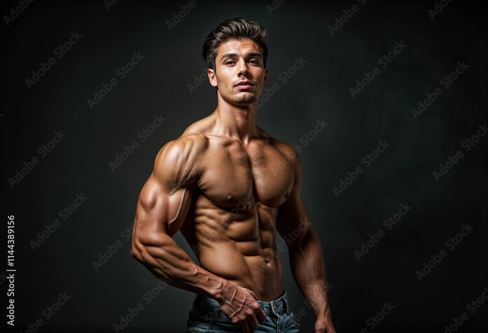 a muscular young man standing in front of a dark background, with his shirt off, revealing his well-defined abdominal muscles and arms. He is holding the waistband of his jeans with hi a muscular young man standing in front of a dark background, with his shirt off, revealing his well-defined abdominal muscles and arms. He is holding the waistband of his jeans with hi