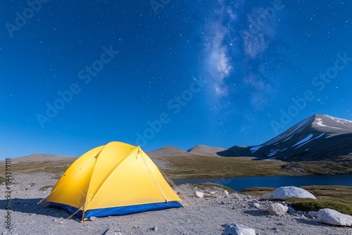 A tent pitched on a mountain peak at night. Generative AI photo