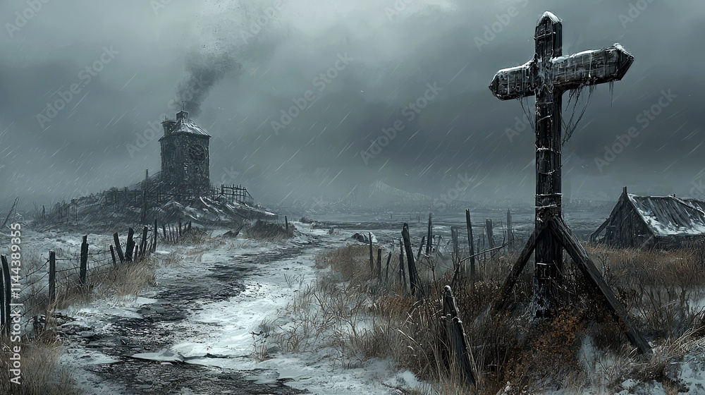 Obraz premium Gloomy landscape with a weathered cross and distant building under a stormy sky.