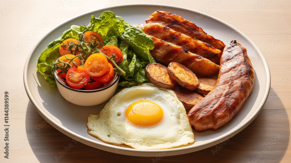 Delicious Breakfast Plate with Sausages, Eggs, and Fresh Salad Delicious Breakfast Plate with Sausages, Eggs, and Fresh Salad