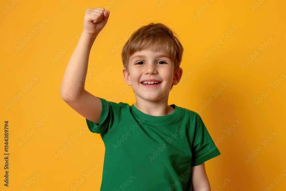 Happy little boy in green shirt celebrates victory Mothers Day. Happy little boy in green shirt celebrates victory Mothers Day.