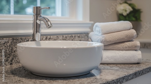 Stylish bathroom setting featuring a modern sink and neatly arranged towels o...