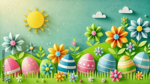happy Easter Day, paper cut card with colored easter eggs, flowers and sun