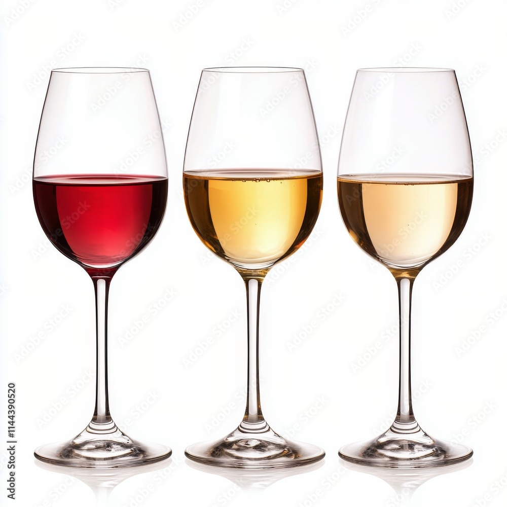 Three glasses of wine showcasing white, ros, and red varieties arranged elegantly on a table
