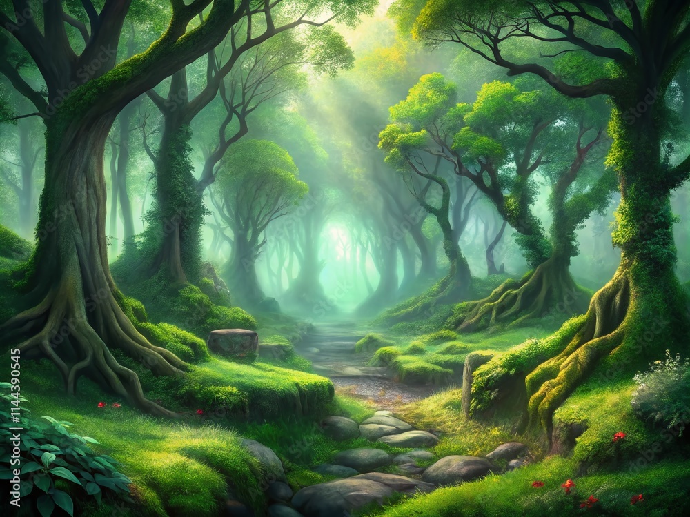 Misty Celtic Forest, Foggy Green Landscape, Lush Foliage, Calm Nature, Realistic Digital Painting, 3D Illustration, CG Artwork Misty Celtic Forest, Foggy Green Landscape, Lush Foliage, Calm Nature, Realistic Digital Painting, 3D Illustration, CG Artwork