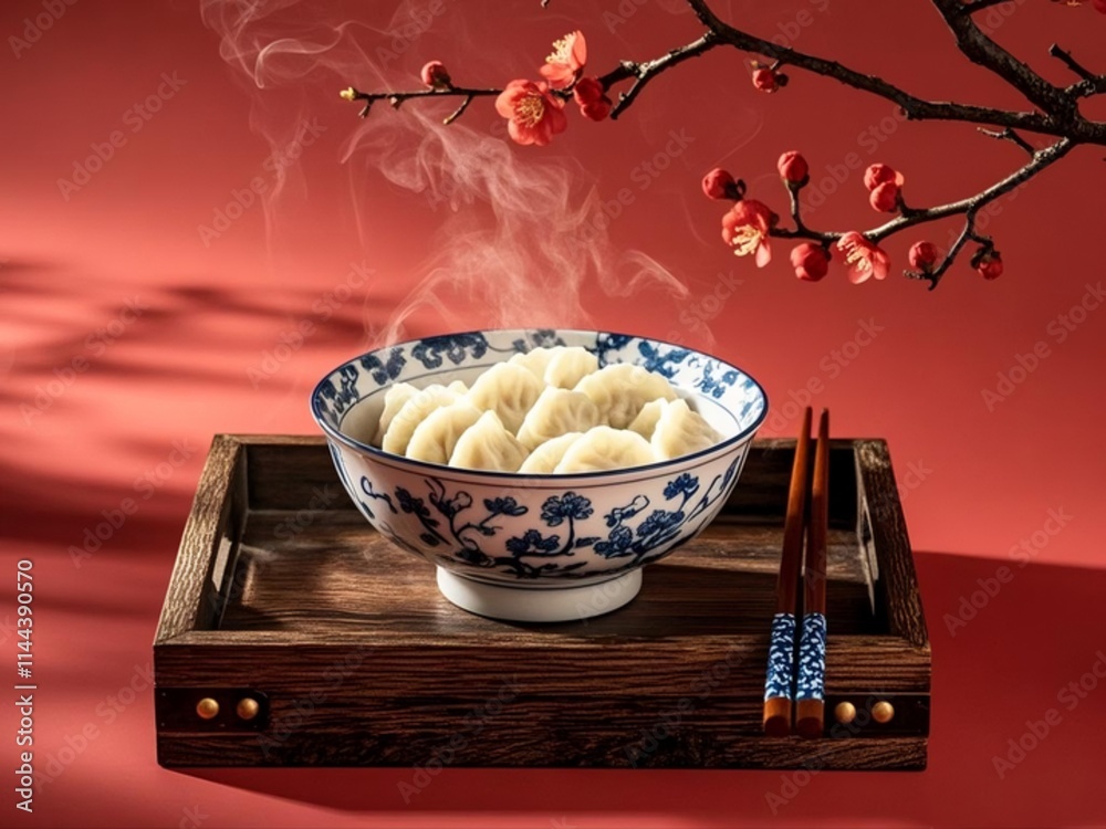 Steamed Chinese dumplings(jiaozi), artfully arranged on blue and white patterned porcelain bowl with red background, branch of plum blossom flowers.