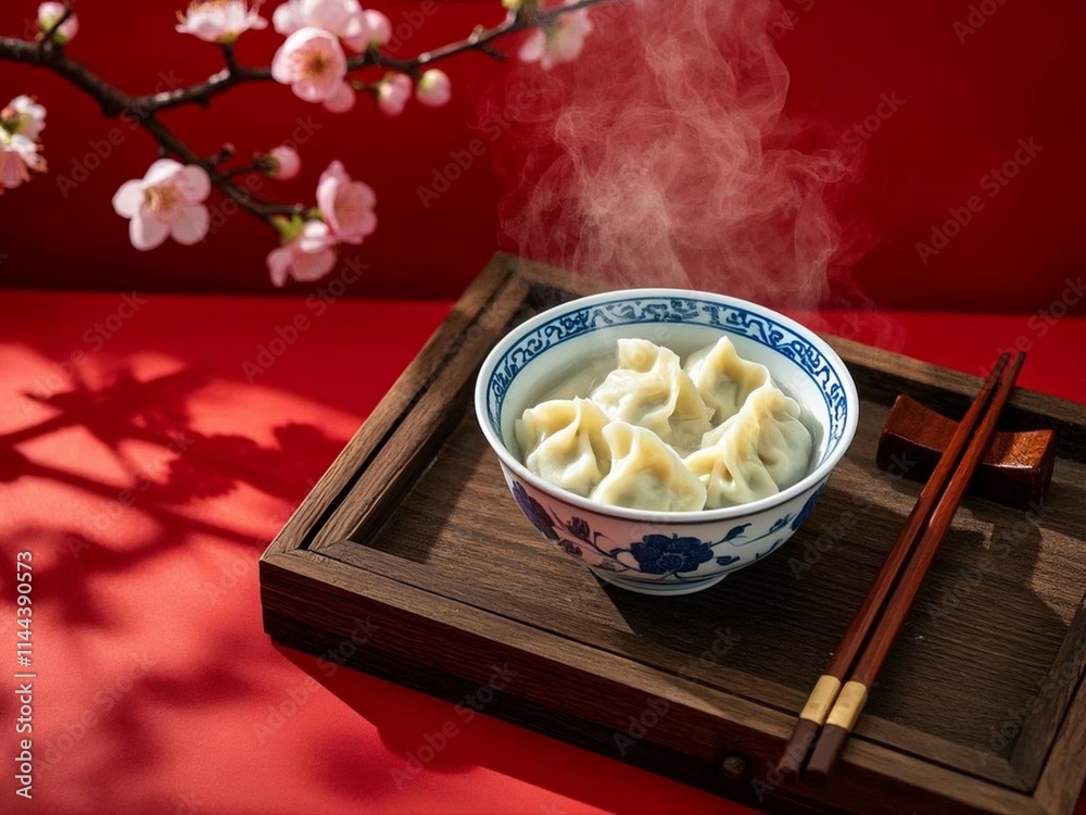 Steamed Chinese dumplings(jiaozi), artfully arranged on blue and white patterned porcelain bowl with red background, branch of plum blossom flowers.