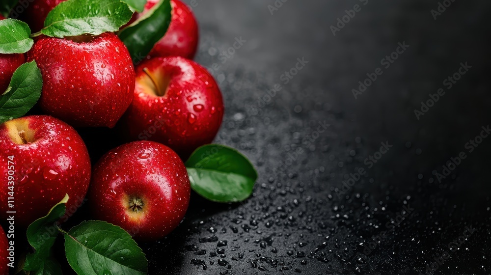 A collection of red apples with leaves lying on a dark, wet surface. The apples appear fresh with water droplets, creating a vibrant and appetizing image. A collection of red apples with leaves lying on a dark, wet surface. The apples appear fresh with water droplets, creating a vibrant and appetizing image.
