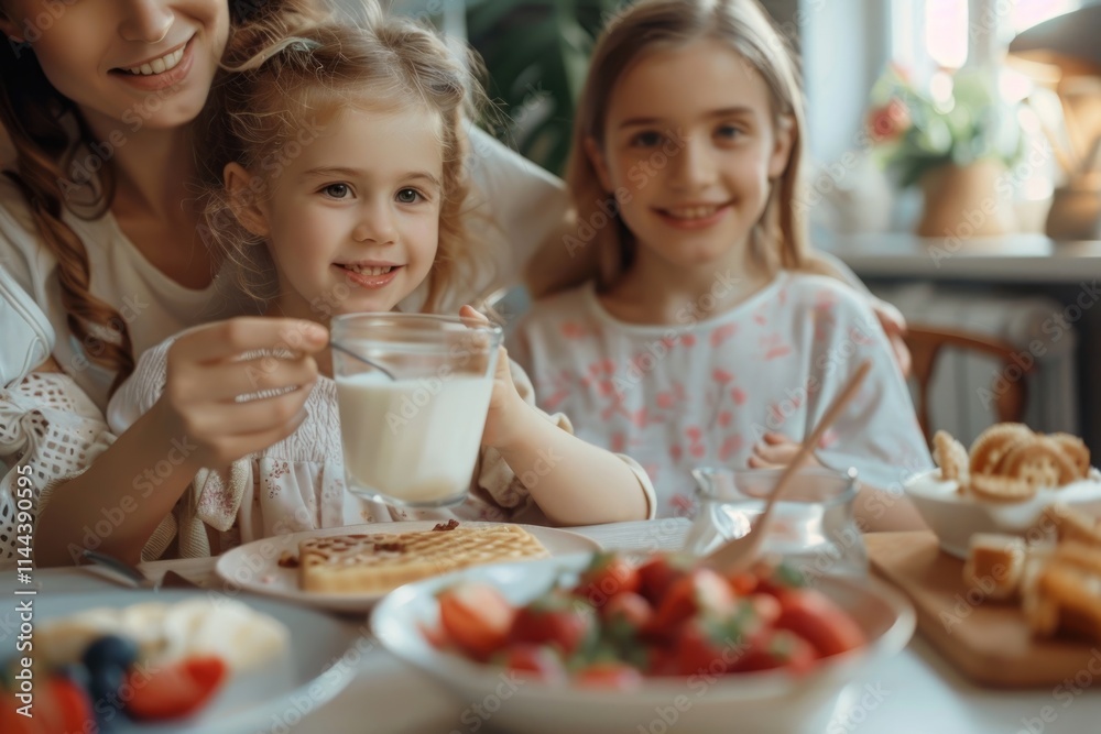 Happy family enjoying breakfast daughter drinking milk with mother Happy family enjoying breakfast daughter drinking milk with mother
