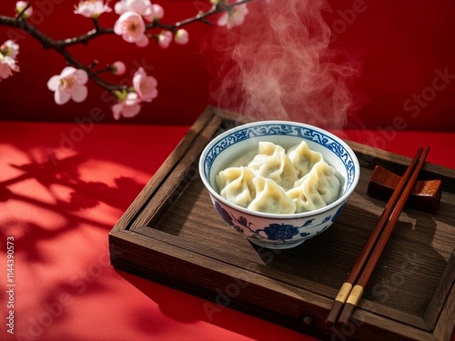 Steamed Chinese dumplings(jiaozi), artfully arranged on blue and white patterned porcelain bowl with red background, branch of plum blossom flowers.