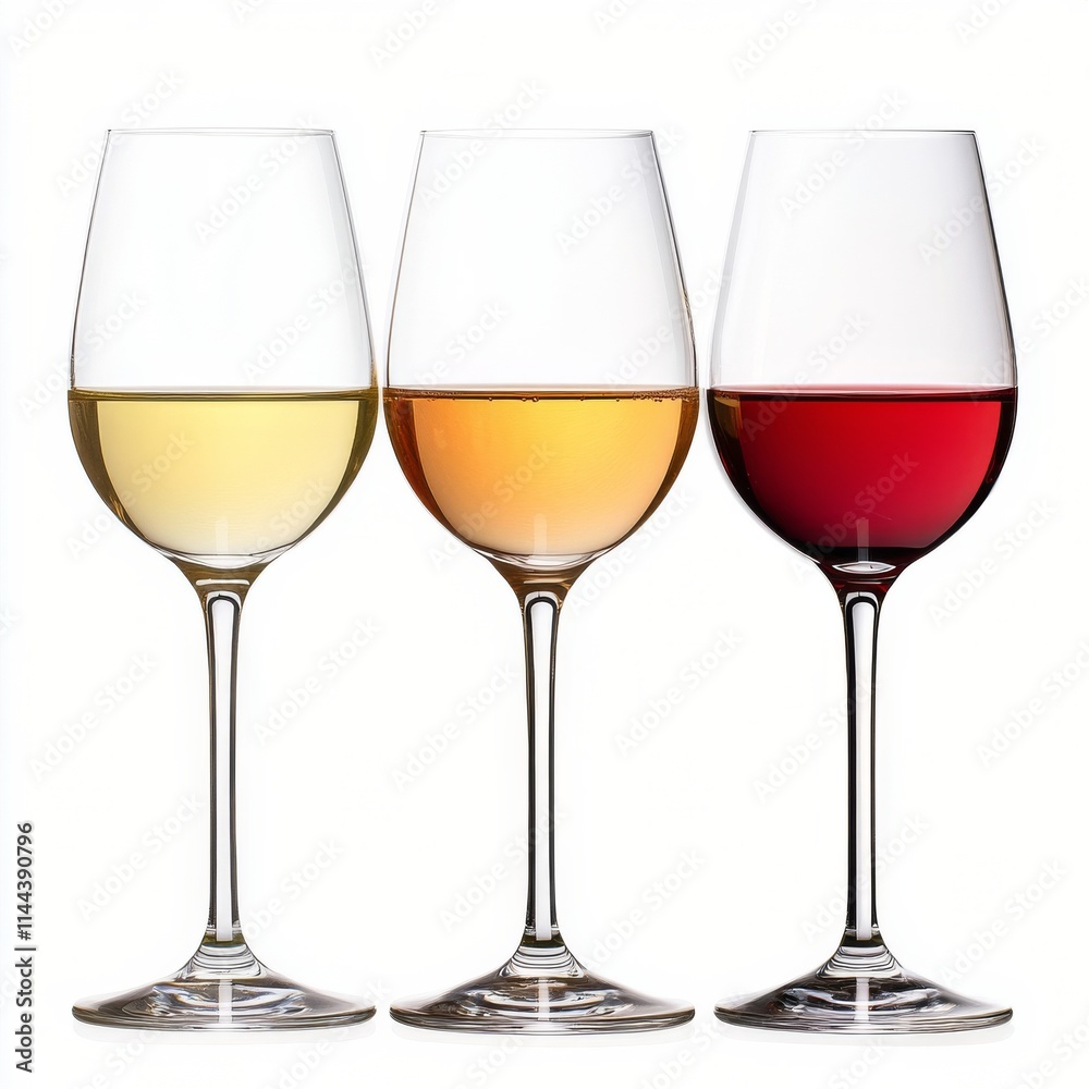 Three glasses of wine showcasing white, ros, and red varieties arranged elegantly on a table Three glasses of wine showcasing white, ros, and red varieties arranged elegantly on a table