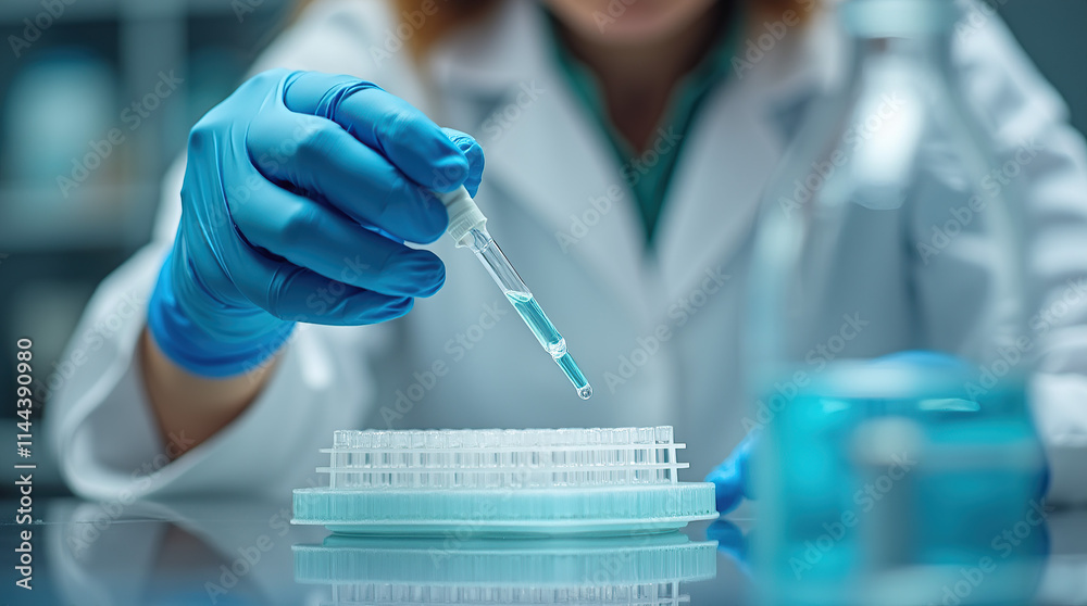 Scientist pipetting liquid sample into micro well plate for biotechnology research in laboratory Scientist pipetting liquid sample into micro well plate for biotechnology research in laboratory