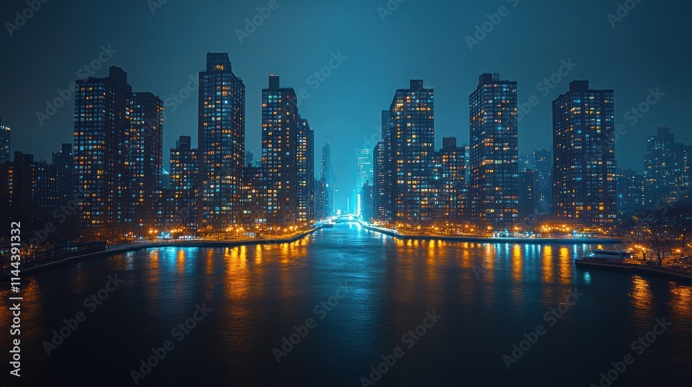 Naklejka premium Experience the vibrant energy of a city skyline at night, with illuminated skyscrapers reflecting on the water. This urban landscape captures modernity and dynamic city life.