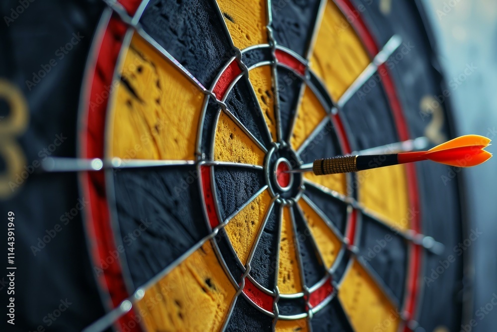 Red dart is hitting the center of a yellow and black dartboard Red dart is hitting the center of a yellow and black dartboard