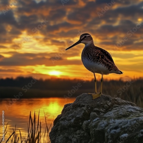 Sunset, bird, lake habitat photo