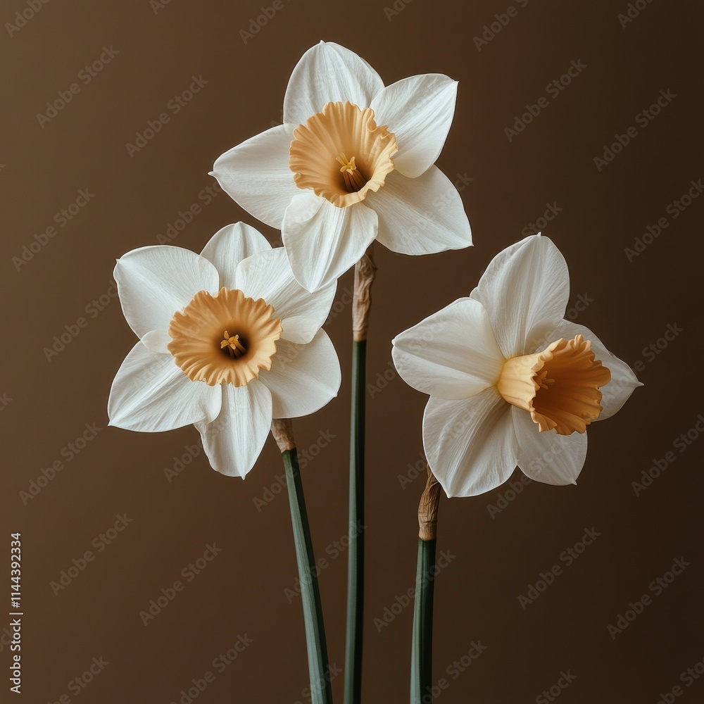 Fototapeta premium Daffodils with cream petals and orange centers arranged gracefully against a warm brown background showcasing