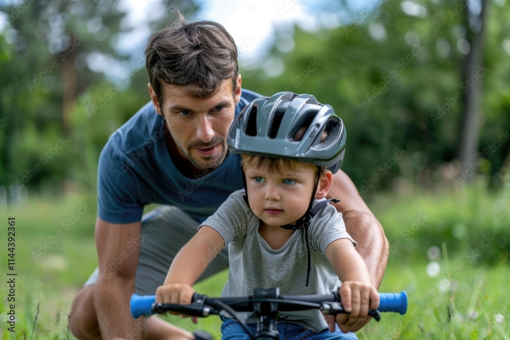 Fototapeta premium Father teaches son to ride bike safely in garden.