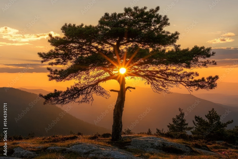 A picturesque spring landscape with a single tree under an orange sunset sky. A picturesque spring landscape with a single tree under an orange sunset sky.