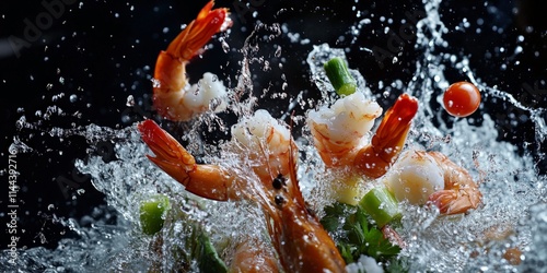 Vibrant seafood splash culinary adventure kitchen action shot close-up fresh ingredients for delectable dishes