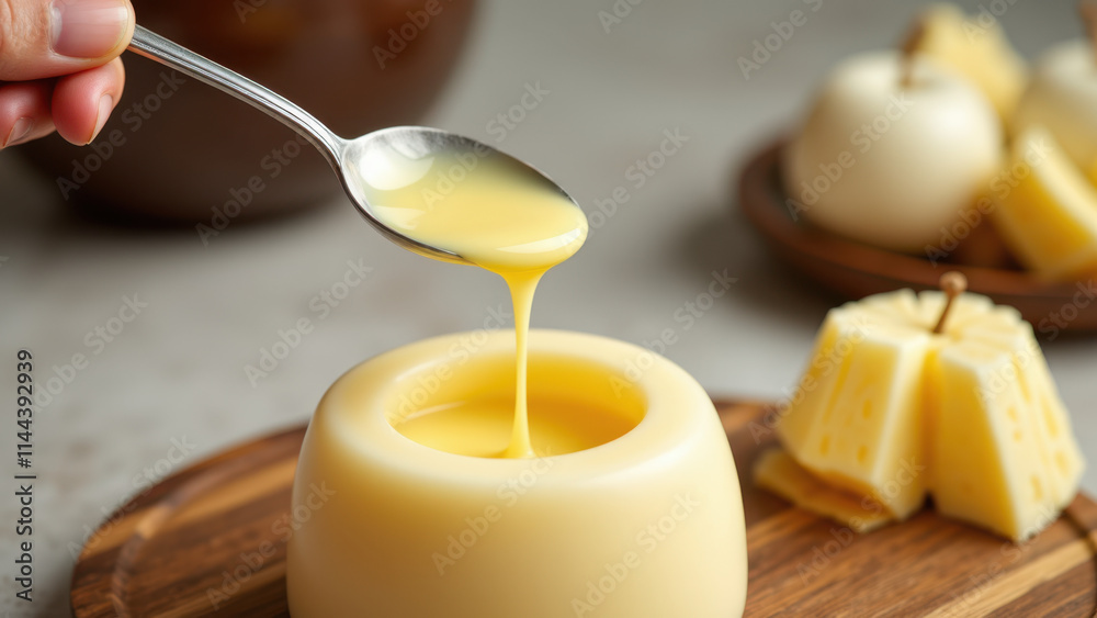 Beef tallow being poured into a small container on a wooden surface with cheese nearby. Beef tallow being poured into a small container on a wooden surface with cheese nearby.