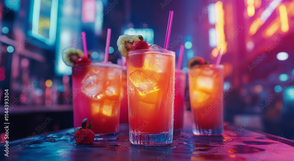 Colorful cocktails arranged on a vibrant bar counter with fresh fruit garnishes and decorative straws showcasing Colorful cocktails arranged on a vibrant bar counter with fresh fruit garnishes and decorative straws showcasing