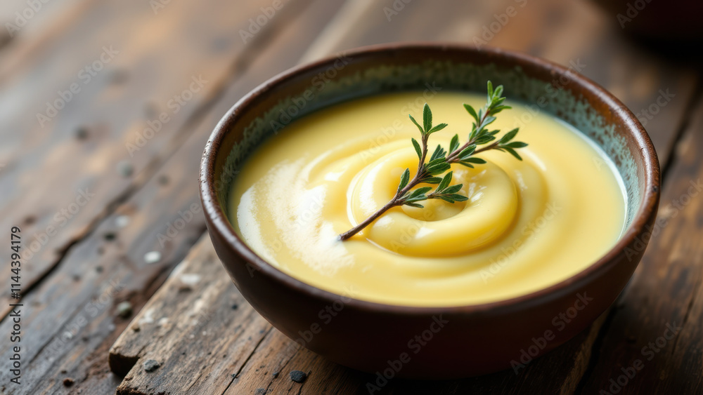 Smooth bowl of yellow soup with herb garnish, on wooden table. Smooth bowl of yellow soup with herb garnish, on wooden table.