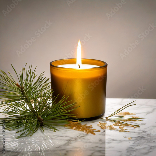 Golden Candle on White Marble with Pine Needles in Minimalist Style