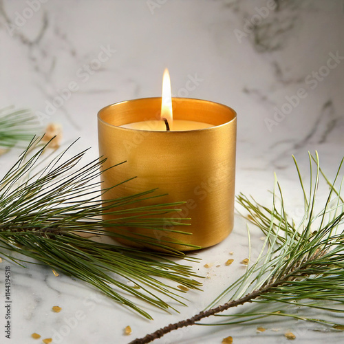 Golden Candle on White Marble with Pine Needles in Minimalist Style